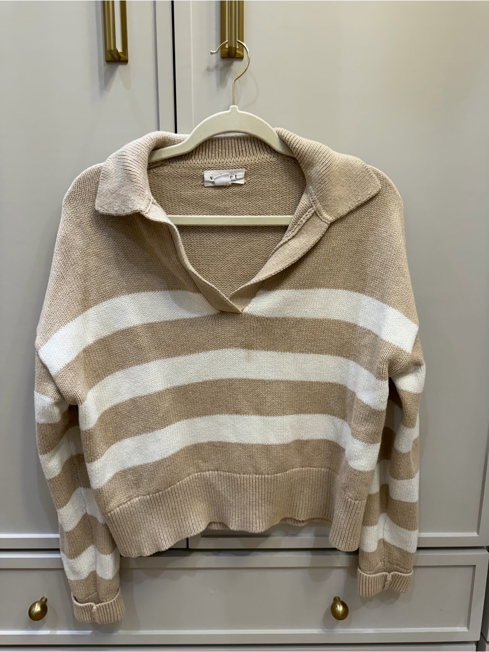 Velvet Beige & White Striped V-Neck Sweater